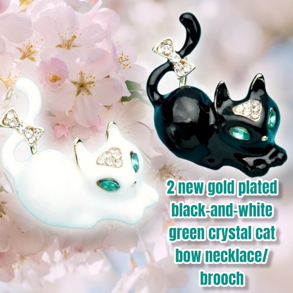 2 new gold plated black-and-white green crystal cat bow necklace/brooches - Picture 8 of 16